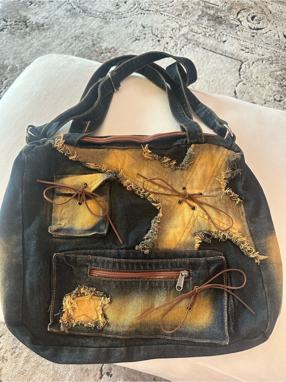 Denim Frayed Tote Bag with adjustable strap